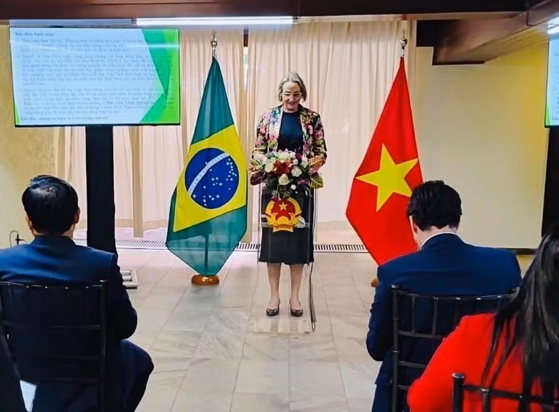 Mirela Janice Eidt, directrice du Bureau du ministère brésilien de l’Agriculture et de l’Élevage, s'exprime au séminaire. Photo: ambassade du Vietnam au Brésil.