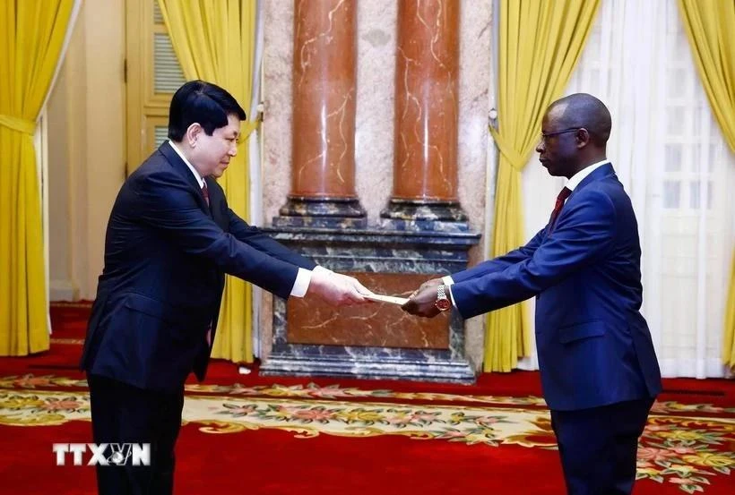 Le président vietnamien Luong Cuong (gauche) reçoit les lettres de créance de l'ambassadeur de la République du Burundi, Telesphone Irambonao. Photo : VNA.
