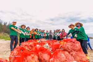 Collecte de déchets plastiques à l’embouchure de Sa Can, province de Quang Ngai. Photo : VNA.