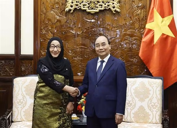 Le Président Nguyên Xuân Phuc et l'ambassadrice du Brunei Datin Paduka Malai Hajah Halimah Malai Haji Yussof. Photo : VNA.