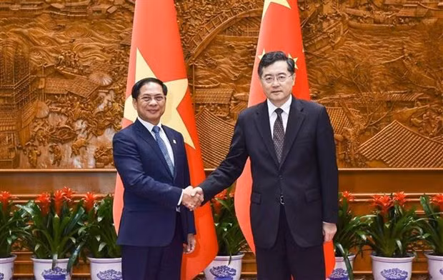 Le ministre vietnamien des Affaires étrangères, Bùi Thanh Son (à gauche) et son homologue chinois, Qin Gang. Photo : VNA.