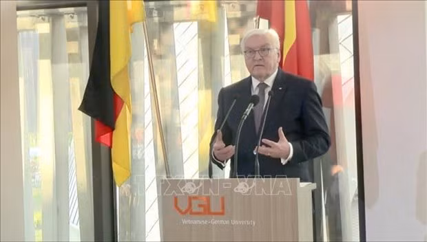 Le Président fédéral allemand, Frank-Walter Steinmeier, à l'Université Vietnam - Allemagne. Photo : VNA.
