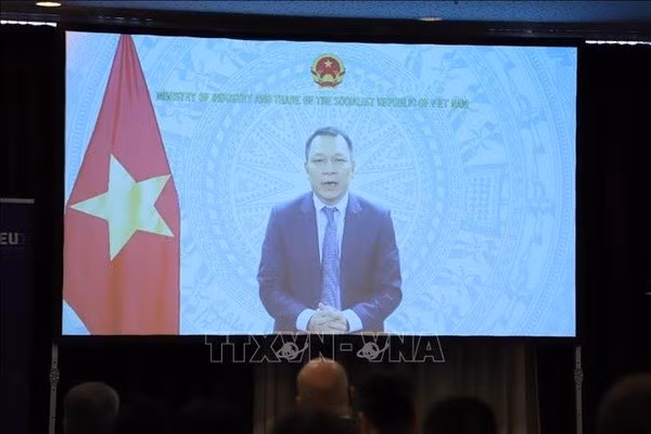 Le vice-ministre vietnamien de l’Industrie et du Commerce, Dang Hoàng An, paricipe au colloque par visioconférence. Photo : VNA..