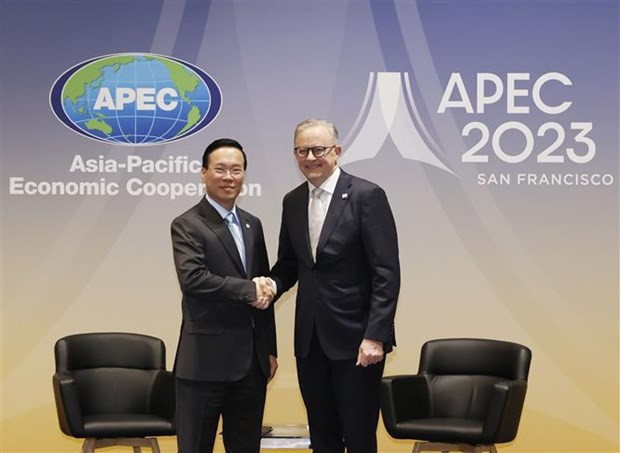 Le Président Vo Van Thuong (à gauche) et le Premier ministre australien Anthony Albanese, à San Francisco, aux États-Unis, le 17 novembre. Photo : VNA.