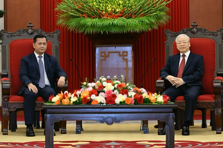 Le Secrétaire général du PCV, Nguyên Phu Trong, a reçu le Premier ministre et vice-président du Parti populaire cambodgien (PPC) Hun Manet. Photo : VOV. 