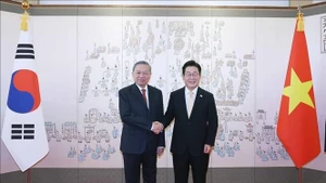 Le secrétaire général du Parti communiste du Vietnam, Tô Lâm et le président sud-coréen Lee Jae Myung se serrent la main. Photo : VNA.