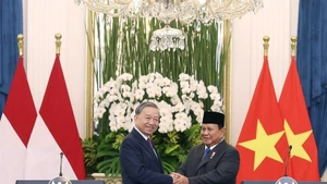 Le secrétaire général du Parti communiste du Vietnam, To Lam (gauche) et le président indonésien, Prabowo Subianto, également président du Parti du Mouvement de la Grande Indonésie (Gerindra), ont annoncé l'établissement du partenariat stratégique global Vietnam-Indonésie, le 10 mars 2025 à Jakarta. Photo : VNA.