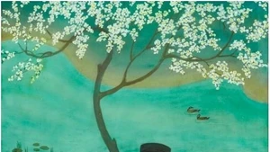 Une peinture sur soie « Couple avec éventail sous un cerisier en fleur » du célèbre artiste vietnamien Mai Trung Thu (1906-1980)