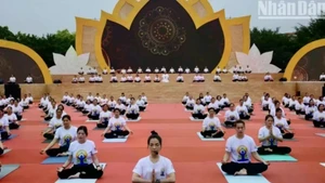 Plus de 300 personnes ont assisté à une représentation de yoga lors de la Journée internationale du yoga 2025. Photo : nhandan/CVN