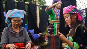 Une femme H’Mông brode sur des pièces de tissu déjà teintes à l’indigo. Photo : baodantoc.