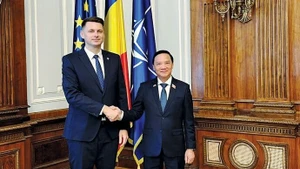 Le vice-président de l’Assemblée nationale du Vietnam, Nguyen Khac Dinh (droite), a rencontré le 9 septembre le président du Sénat de la Roumanie, Mircea Abrudean. Photo : VNA.