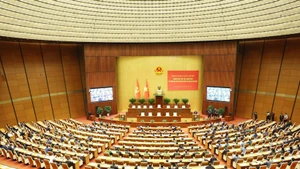 Vue de la Conférence nationale consacrée à l’étude et à la mise en œuvre de la Résolution du XIVe Congrès national du Parti, à Hanoi, le 7 février. Photo : VNA.