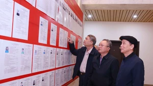 Des électeurs consultent la liste des candidats dans la circonscription n° 13. Photo : VNA.