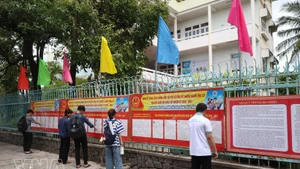 Des étudiants de l'Université de Da Nang lisent des informations des candidats. Photo : VNA.