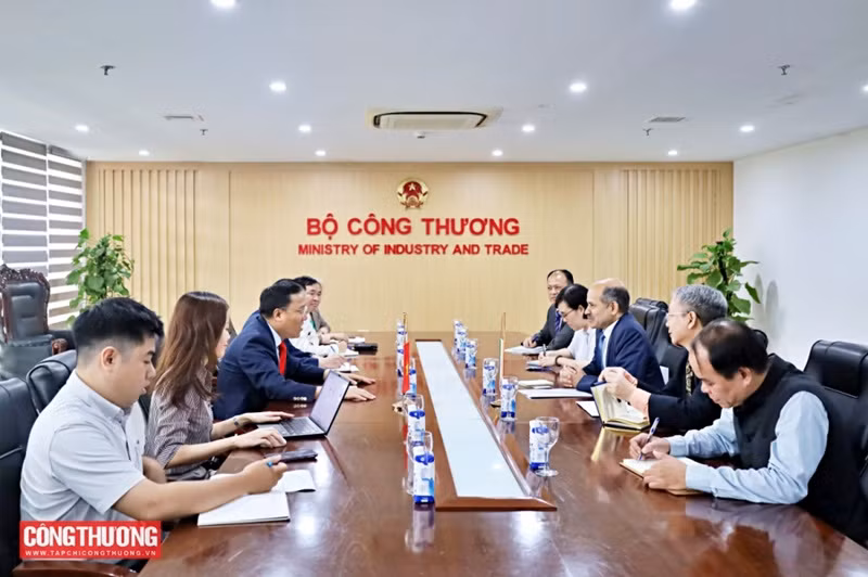 Le vice-ministre de l’Industrie et du Commerce, Nguyen Hoang Long, et l’ambassadeur de l’Inde, Sandeep Arya, discutent des opportunités de coopération dans le domaine des énergies renouvelables. Photo : Tapchicongthuong.