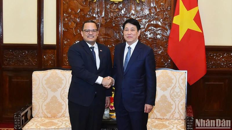 Le président Luong Cuong (à droite) reçoit l'ambassadeur de la République dominicaine au Vietnam, Jaime Francisco Rodriguez, à l'occasion de la fin de son mandat. Photo : NDEL.