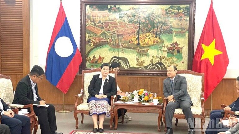 Le vice-ministre permanent du ministère vietnamien de la Culture, des Sports et du Tourisme, Le Hai Binh (à droite), reçoit une délégation du Département de la propagande et de l’entraînement idéologique du Comité central du PPRL, conduite par sa cheffe adjointe Vilavone Phanthavong, le 27 octobre à Hanoi. Photo : NDEL Le vice-ministre permanent du ministère vietnamien de la Culture, des Sports et du Tourisme, Le Hai Binh (à droite), reçoit une délégation du Département de la propagande et de l’entraînement idéologique du Comité central du PPRL, conduite par sa cheffe adjointe Vilavone Phanthavong, le 27 octobre à Hanoi. Photo : NDEL