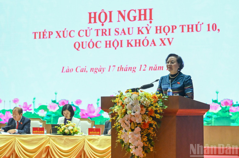 La vice-Première ministre Pham Thi Thanh Tra prend la parole lors de la rencontre. Photo : Duy Linh/NDEL