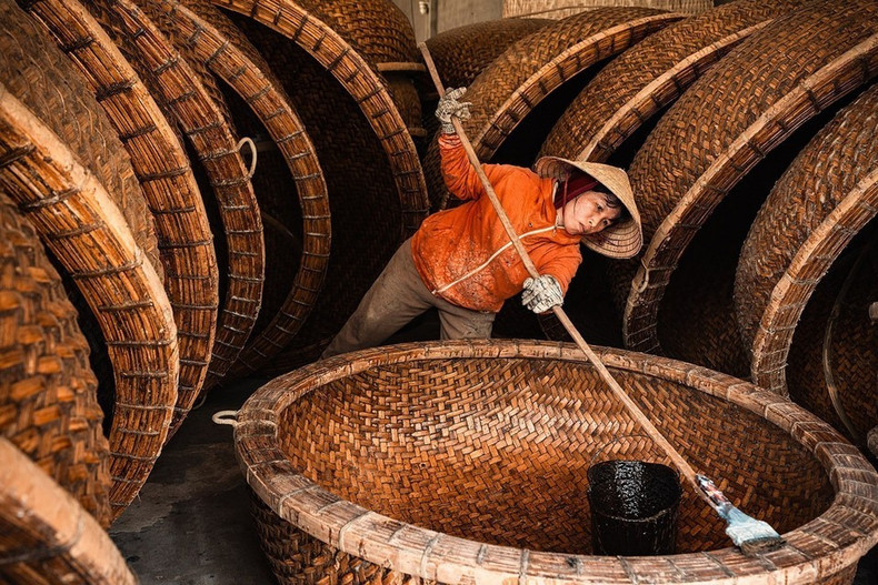 La technique d’étanchéification, transmise de génération en génération, utilise un mélange de bouse fraîche et de résine de l’arbre &quot;dầu rai&quot;. Elle confère au bateau sa couleur caractéristique, le protège des termites et garantit une durée de vie de 4 à 5 ans en milieu marin. Photo : VNA.