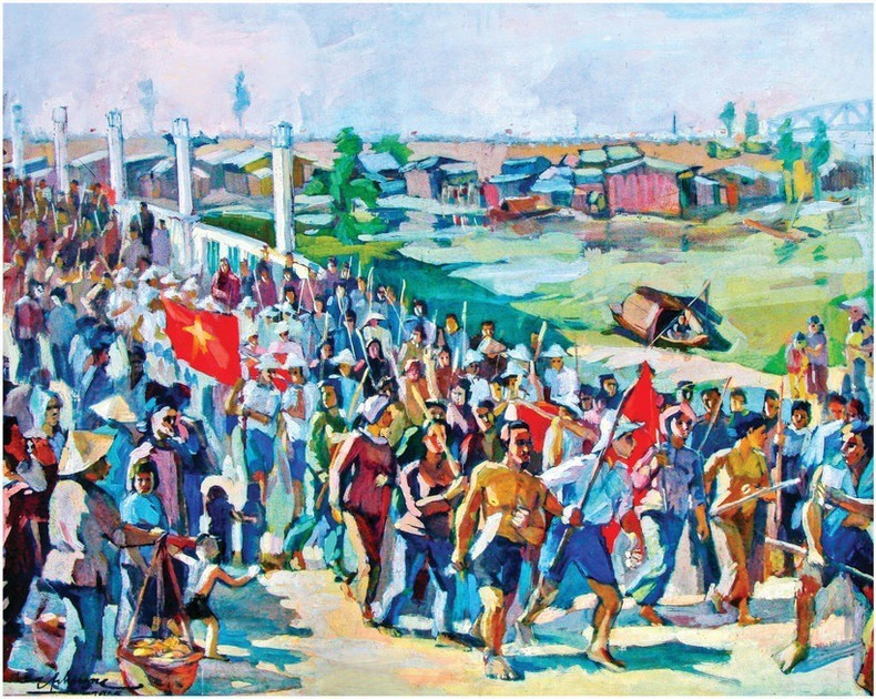La peinture « Tan An en août 1945 » de l'artiste Huu Phuong. Photo : VO MANH HAO. La peinture « Tan An en août 1945 » de l'artiste Huu Phuong. Photo : VO MANH HAO.