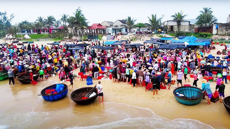 Le marché aux poissons de Tam Tien est toujours animé et occupé surtout en été avec des bateaux qui entrent et qui sortent tôt le matin, vendant toutes sortes de poissons frais, de crabes et de crabes fleuris. Photo : NDEL tt.jpg
