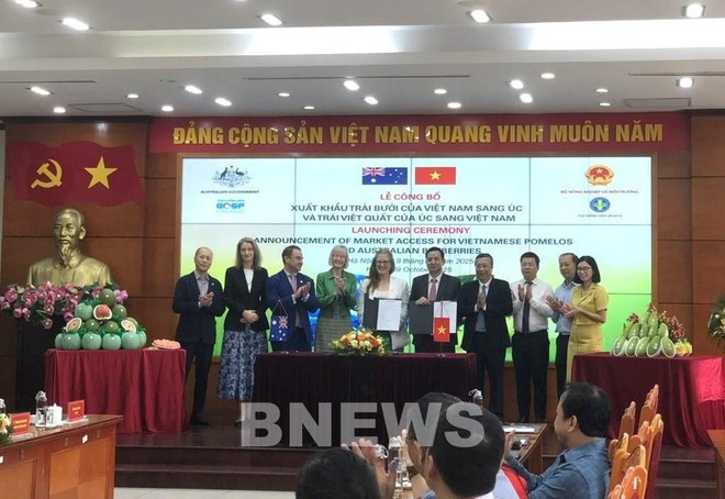 Les deux parties signent et échangent des documents relatifs à l'importation de myrtilles et de pamplemousses entre les deux pays. Photo : VNA Les deux parties signent et échangent des documents relatifs à l'importation de myrtilles et de pamplemousses entre les deux pays. Photo : VNA