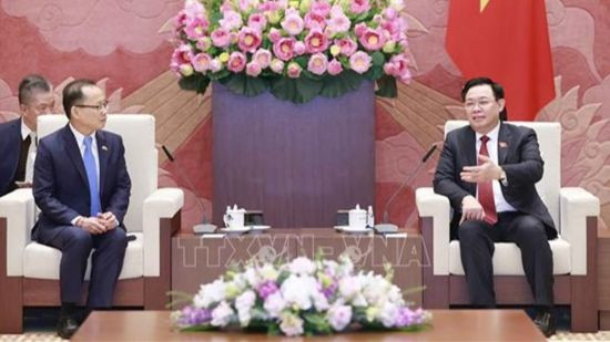Le président de l’Assemblée nationale Vuong Dinh Huê (à droite) et l’ambassadeur du Cambodge au Vietnam Chay Navuth, à Hanoi, le 29 décembre. Photo : VNA. 