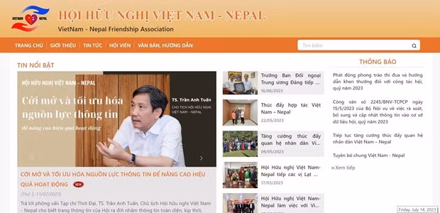 Interface du site web de l'Association d'amitié Vietnam - Népal. Photo: capture d'écran