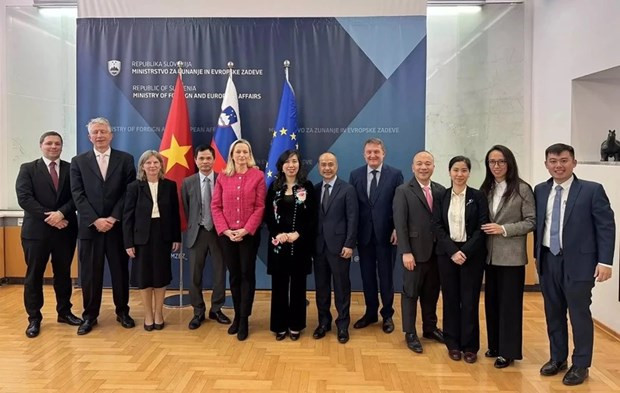 La vice-ministre des Affaires étrangères Le Thi Thu Hang et la secrétaire d'Etat slovène aux Affaires étrangères et européennes, Sanja Stiglic, lors d'une consultation politique. Photo: VNA