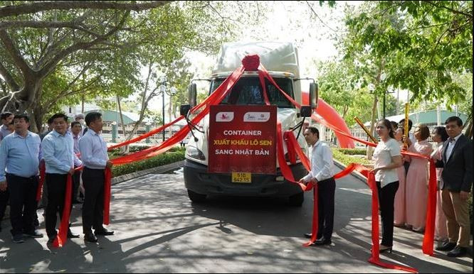 Cérémonie marquant l’exportation d’un lot de racines de lotus de la société Sen Dai Viet au Japon. Photo: VNA.