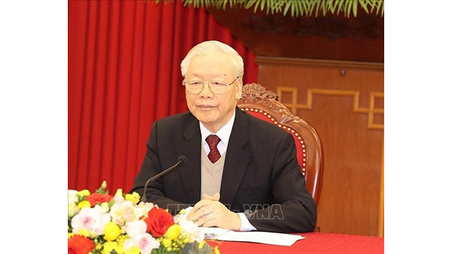 Le Secrétaire général Nguyên Phu Trong lors de son entretien par visioconférence avec le Président américain, Joe Biden, le 29 mars 2023. Photo : VNA.