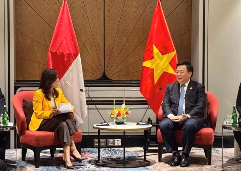 Nguyên Xuân Thang, membre du Politburo, président de l'Académie nationale de politique Hô Chi Minh et président du Conseil théorique central et Meutya Viada Hafid, vice-présidente du Parti Golkar et ministre de la Communication et des Affaires numériques de l'Indonésie. Photo : hcm.vn