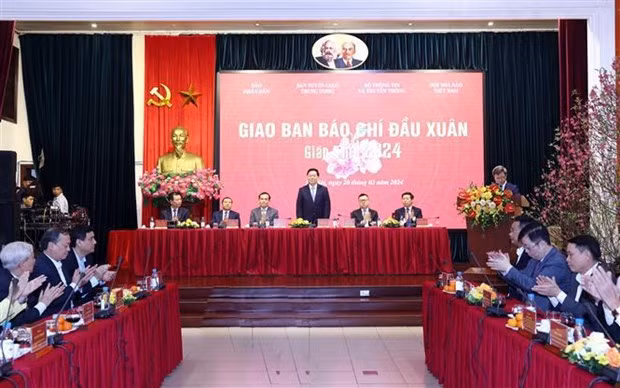 Vue du briefing des organes de presse, à Hanoi, le 20 février. Photo : VNA.