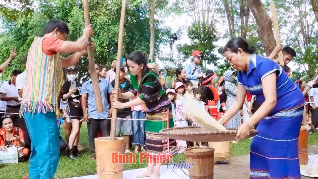 Le concours de pilage du riz reconstitue l'image des habitants S’tiêng du village de Bom Bo pilant du riz pour nourrir les soldats pendant les années de résistance contre les États-Unis pour sauver la Patrie. Photo : baobinhphuoc.com.vn