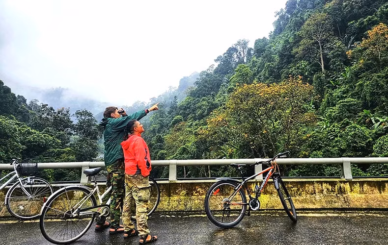 Des visiteurs étrangers font du vélo et observent la faune dans la réserve naturelle de Dông Châu-Khe Nuoc Trong, province de Quang Binh (au Centre). Photo : nhandan.vn