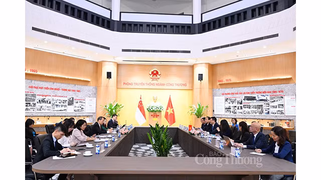 La vue générale de l'entretien entre le ministre de l’Industrie et du Commerce, Nguyên Hông Diên et son homologue singapourien, Tan See Leng. Photo: congthuong.vn La vue générale de l'entretien entre le ministre de l’Industrie et du Commerce, Nguyên Hông Diên et son homologue singapourien, Tan See Leng. Photo: congthuong.vn