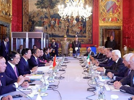 Entretien entre le Président vietnamien, Vo Van Thuong, et son homologue italien, Sergio Mattarella. Photo : VNA.