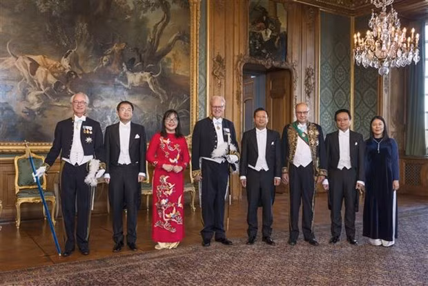 L'ambassadeur Tran Van Tuan (4e de gauche à droite) lors de la cérémonie de présentation de ses lettres de créance au roi suédois. Photo: VNA