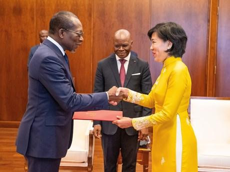 L'ambassadrice du Vietnam au Bénin, Dang Thi Thu Hà, présente ses lettres de créance du Président vietnamien Nguyên Xuân Phuc à son homologue béninois Patrice Talon. Photo: VNA