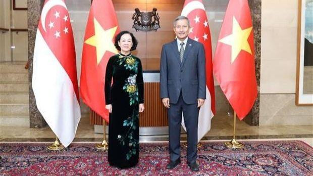 La présidente de la Commission d’organisation du Comité central du PCV, Truong Thi Mai, et le ministre singapourien des Affaires étrangères Vivian Balakrishnan. Photo : VNA. 