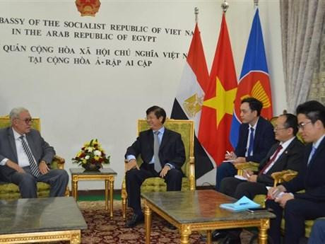 Truong Quang Hoai Nam, vice-président de la Commission des relations extérieures du CC du PCV (centre) et Salah Adly, secrétaire général du Parti communiste égyptien. Photo: VNA