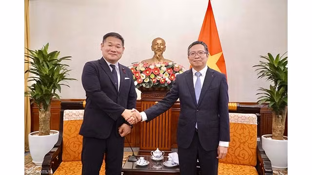 Le vice-ministre des Affaires étrangères Pham Thanh Binh reçoit le président de l'Alliance parlementaire d'amitié Japon-Vietnam du Parti japonais de l'innovation, Yamamoto Gosei. Photo : ttdn.vn