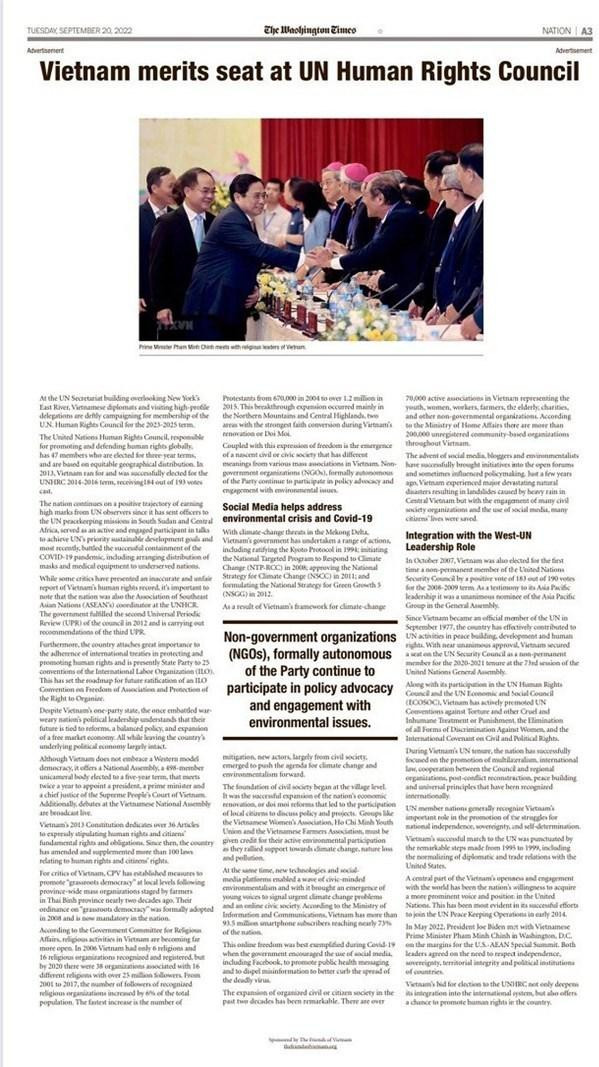 L'article de Washington Times. Photo : VNA.