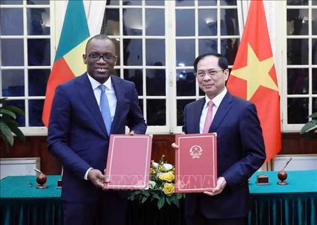 Le ministre vietnamien des Affaires étrangères, Bùi Thanh Son (à droite) avec son homologue béninois, Olushegun Adjadi Bakari, à Hanoi, le 14 décembre. Photo : VNA. 