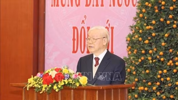 Le Secrétaire général du Parti, Nguyên Phu Trong, lors de l'événement, à Hanoi, le 19 janvier. Photo : VNA.