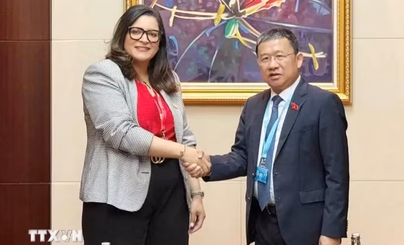 Le président de la Commission des relations extérieures de l'Assemblée nationale (AN) du Vietnam, Vu Hai Ha, et Salma Benaziz, présidente de la Commission des affaires étrangères, de la défense nationale, des affaires islamiques et des Marocains résidant à l’étranger de la Chambre des représentants du Maroc. Photo : VNA.