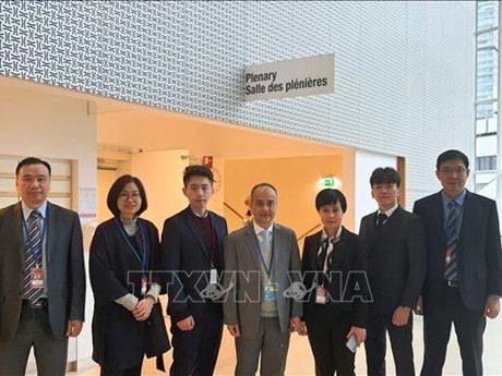 L'’ambassadeur du Vietnam à l’Autriche Nguyen Trung Kien (au milieu) et des membres de la délégation vietnamienne participe à la réunion. Photo : VNA.