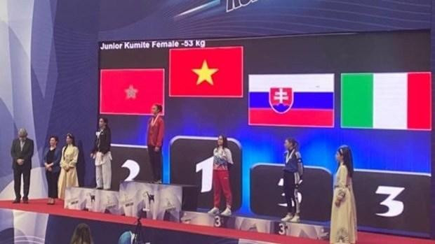 Nguyên Thi Diêu Ly (blouson rouge) est la première Vietnamienne à remporter la médaille d’or en kumité de la catégorie de 53 kg pour femmes, lors des championnats du monde de karaté juniors et cadets. Photo : vnexpress.net