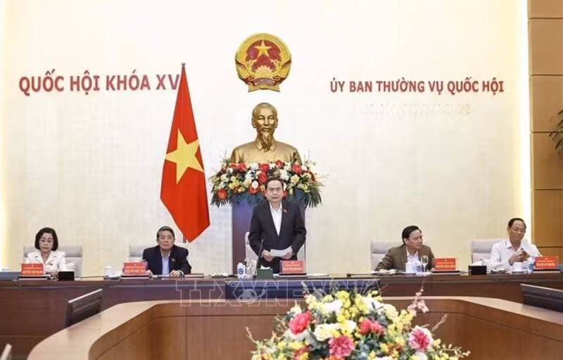 Le président de l’AN, Trân Thanh Mân (debout), s'exprime lors de la réunion. Photo : VNA.