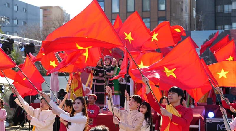 50 drapeaux nationaux flottant au vent sur la scène de l'événement Printemps de la Patrie - Le cœur du Vietnam au début de l'année au Japon. Photo: NDEL